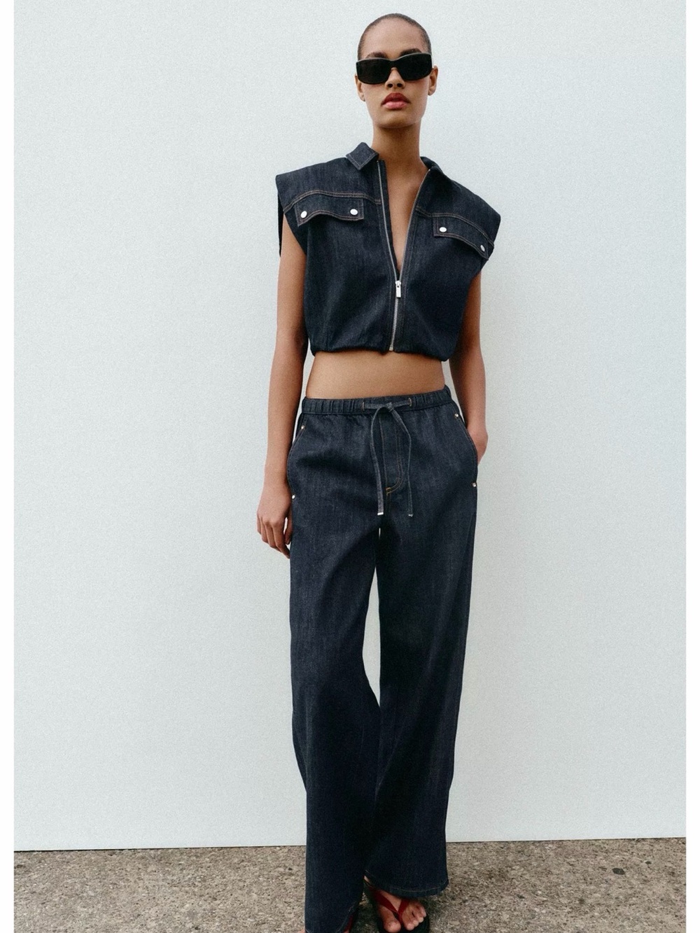 NWT Zara Dark Denim Sleeveless Zip Crop Top with Wide-Leg Pants Set